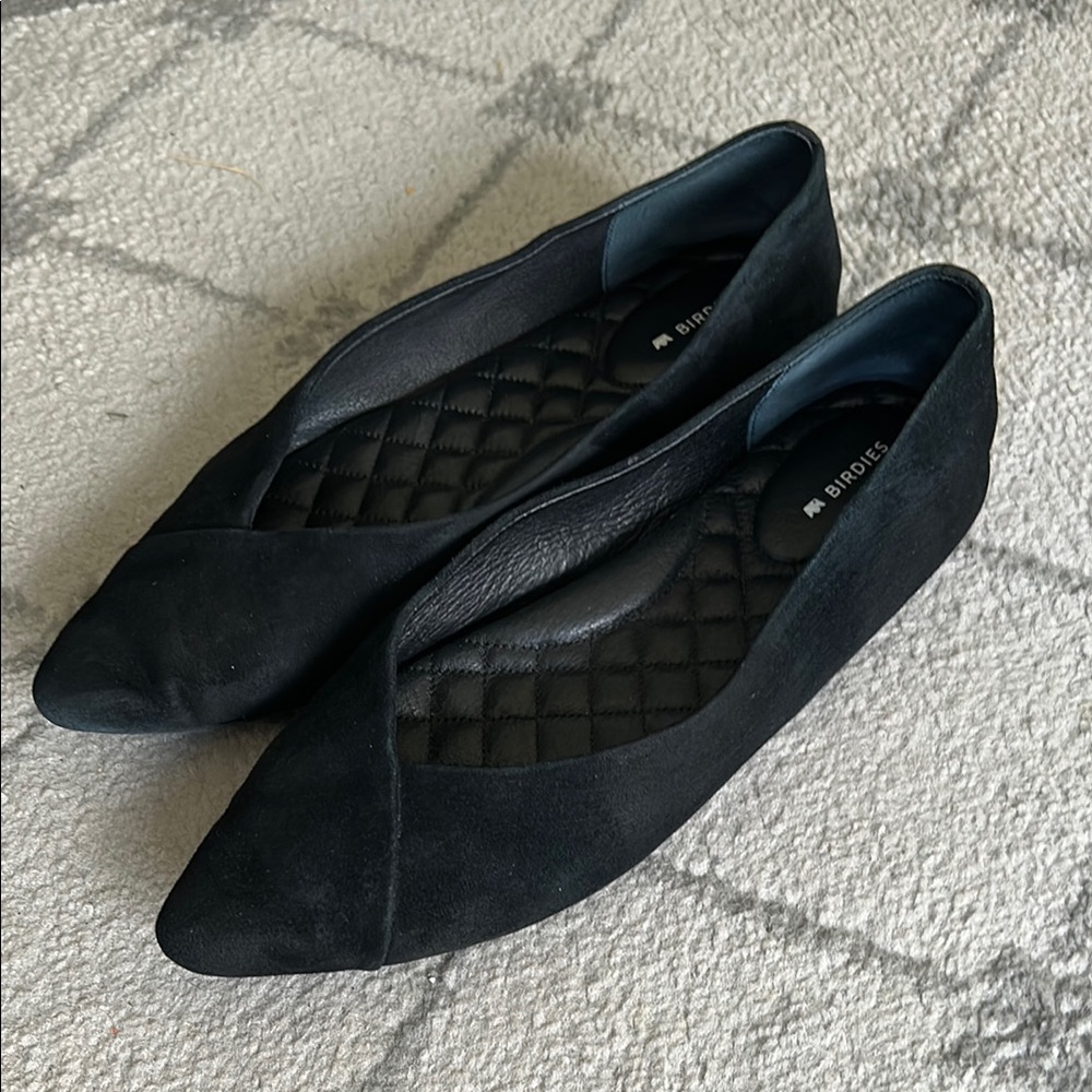 Birdies Black Suede Pointed Toe Flats